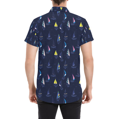 Sailboat Print Design LKS305 Men Short Sleeve Button Up Shirt