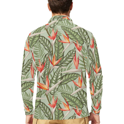 Bird Of Paradise Pattern Print Design BOP08 Long Sleeve Polo Shirt For Men's
