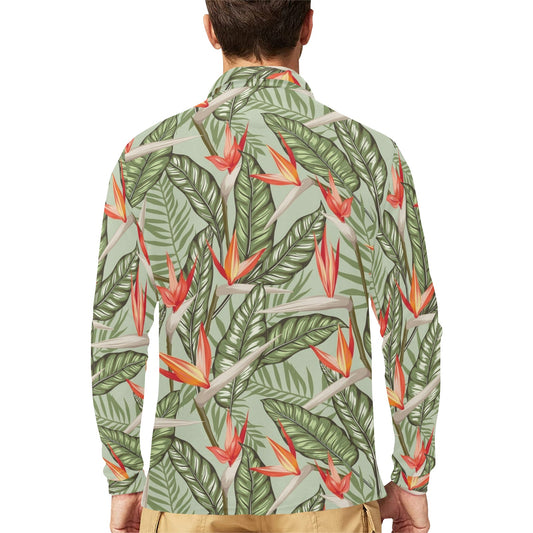 Bird Of Paradise Pattern Print Design BOP08 Long Sleeve Polo Shirt For Men's