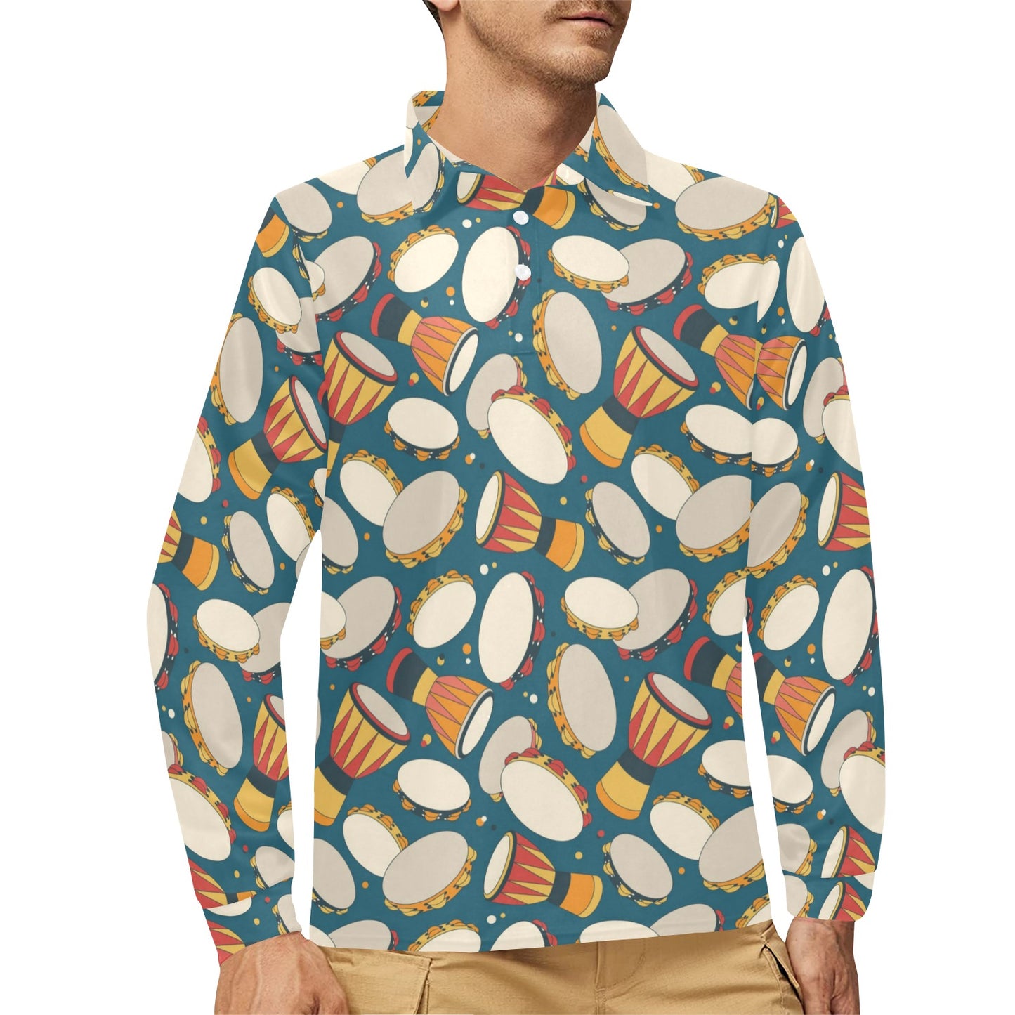 Tambourine Pattern Print Design 01 Long Sleeve Polo Shirt For Men's