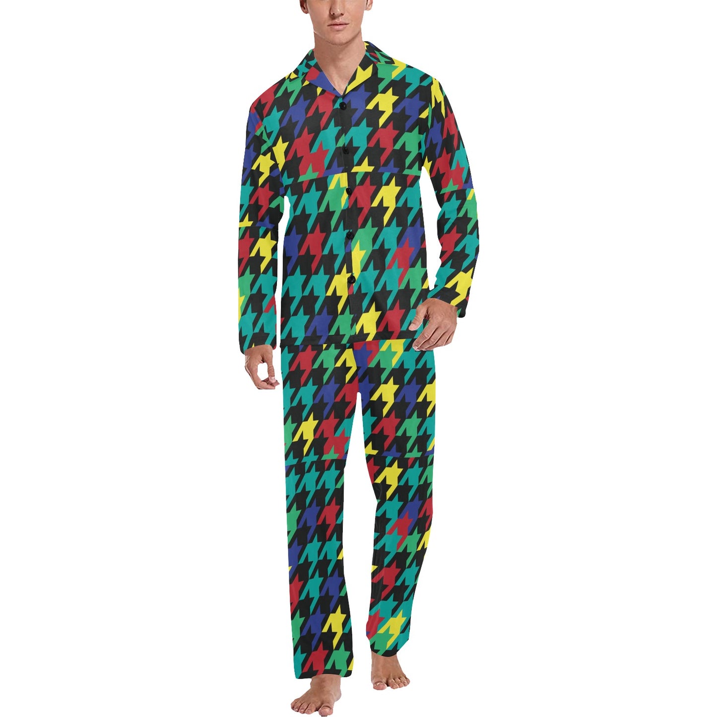 Houndstooth Colorful Pattern Print Design 02 Men's Long Pajama Set