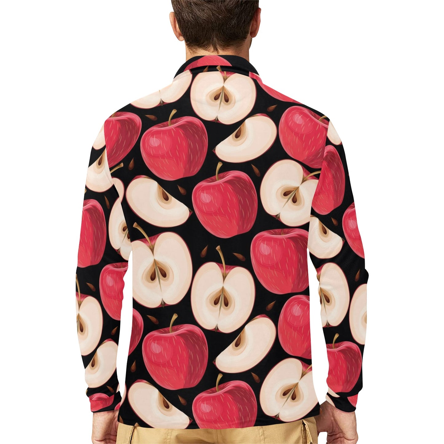 Apple Pattern Print Design AP02 Long Sleeve Polo Shirt For Men's
