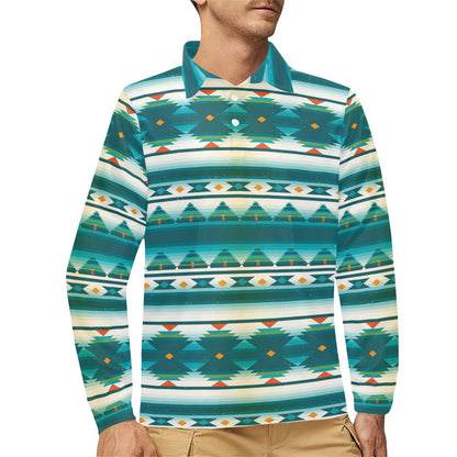 Blue Tribal Aztec Long Sleeve Polo Shirt For Men's