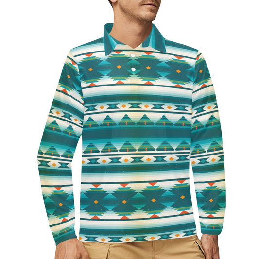 Blue Tribal Aztec Long Sleeve Polo Shirt For Men's