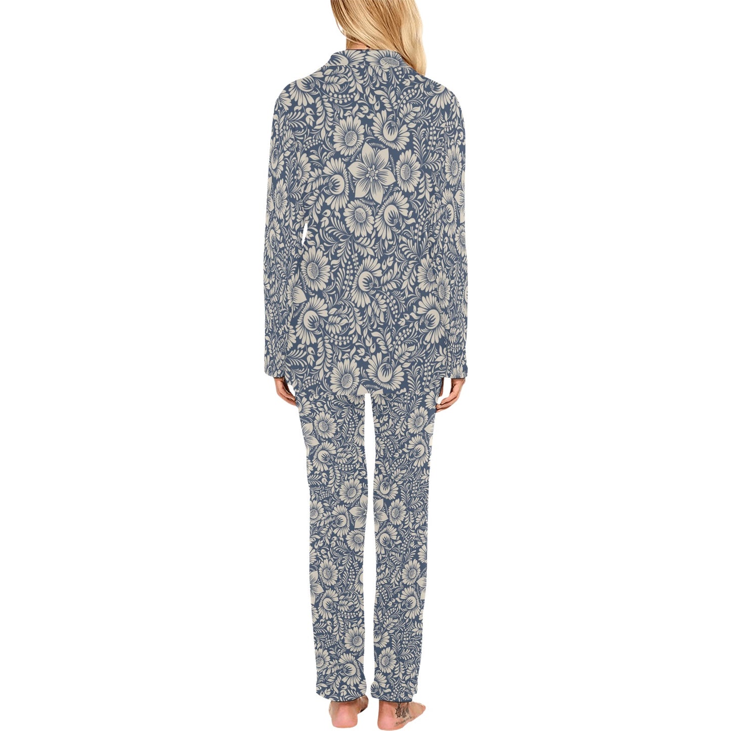 Elegant Floral Print Pattern Women's Long Pajama Set