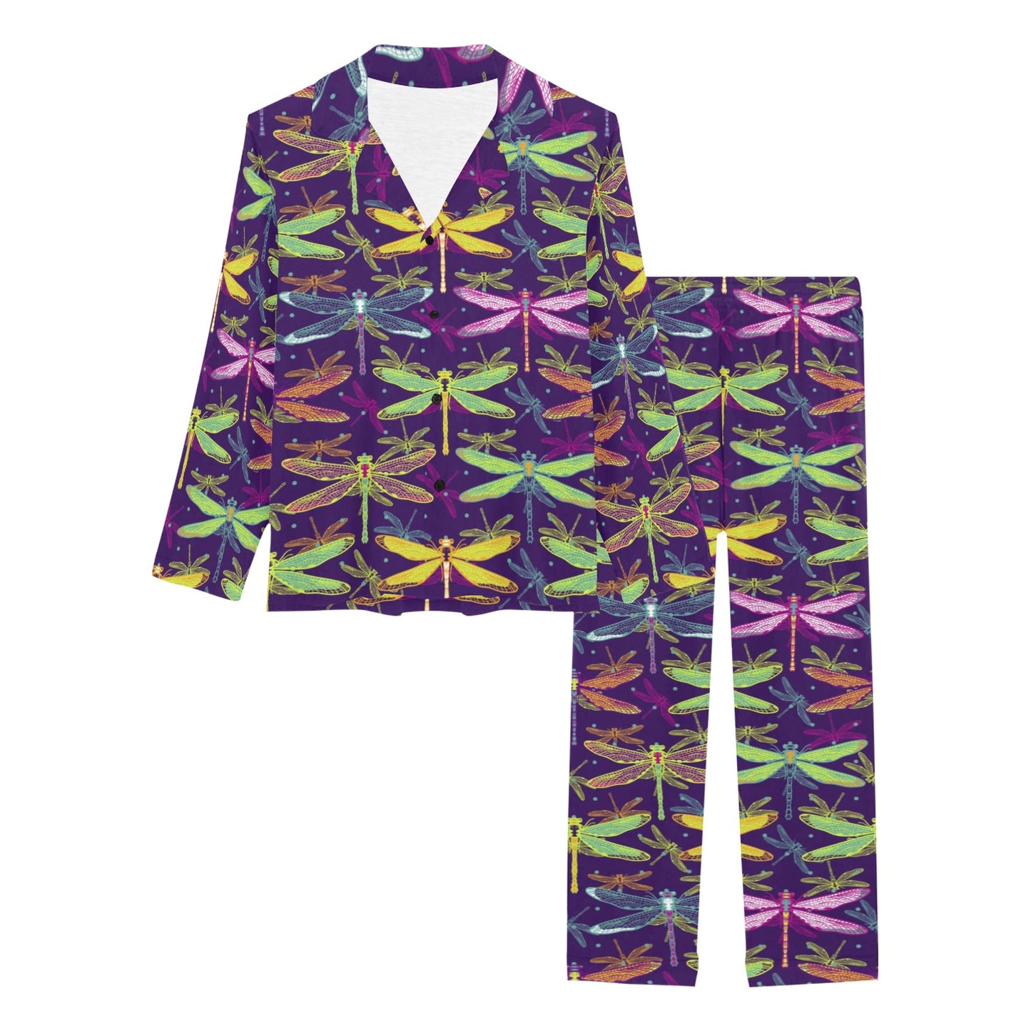 Dragonfly Neon Color Print Pattern Women's Long Pajama Set