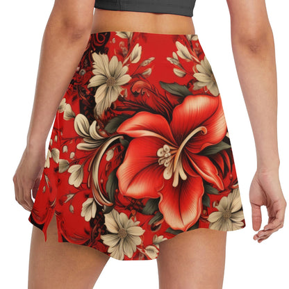 Red Bandana Hibiscus 17" Golf & Pickleball Skort with Pockets