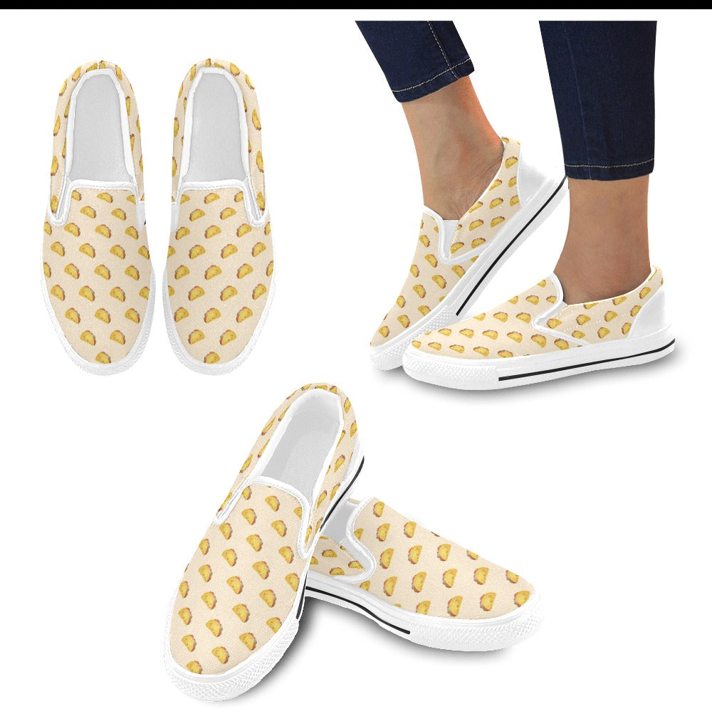 Taco Print Design LKS302 White Slip Ons Canvas Women's Shoes