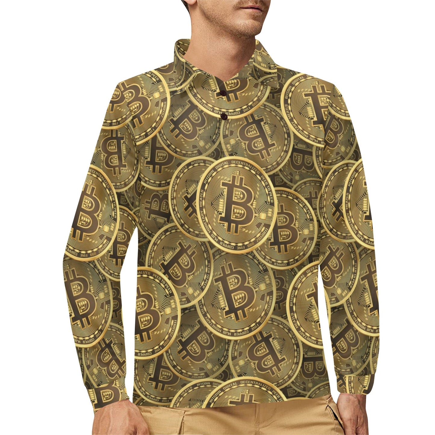 Bitcoin Pattern Print Design DO01 Long Sleeve Polo Shirt For Men's