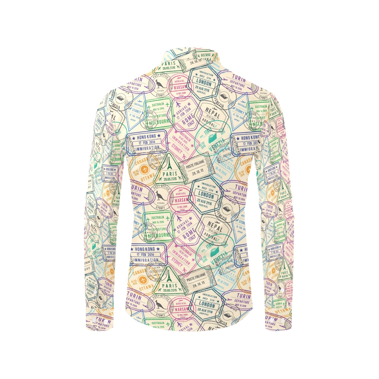 Travel Stamp Print Design LKS303 Men's Long Sleeve Dress Shirt
