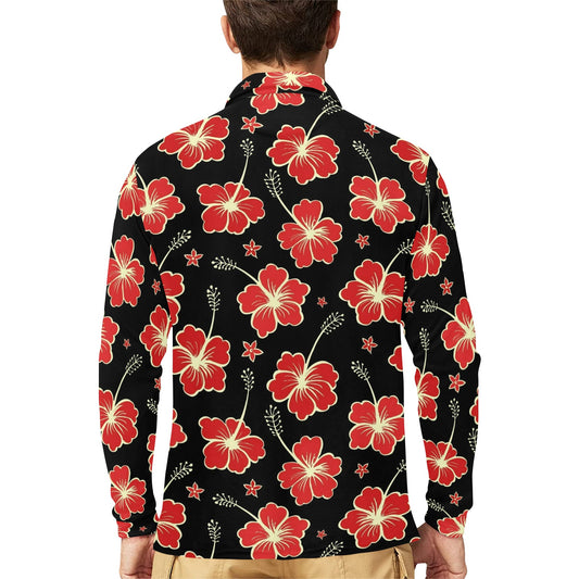 Red Hibiscus Pattern Print Design HB021 Long Sleeve Polo Shirt For Men's