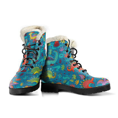 Dinosaur Cartoon Style Faux Fur Leather Boots-JTAMIGO.COM