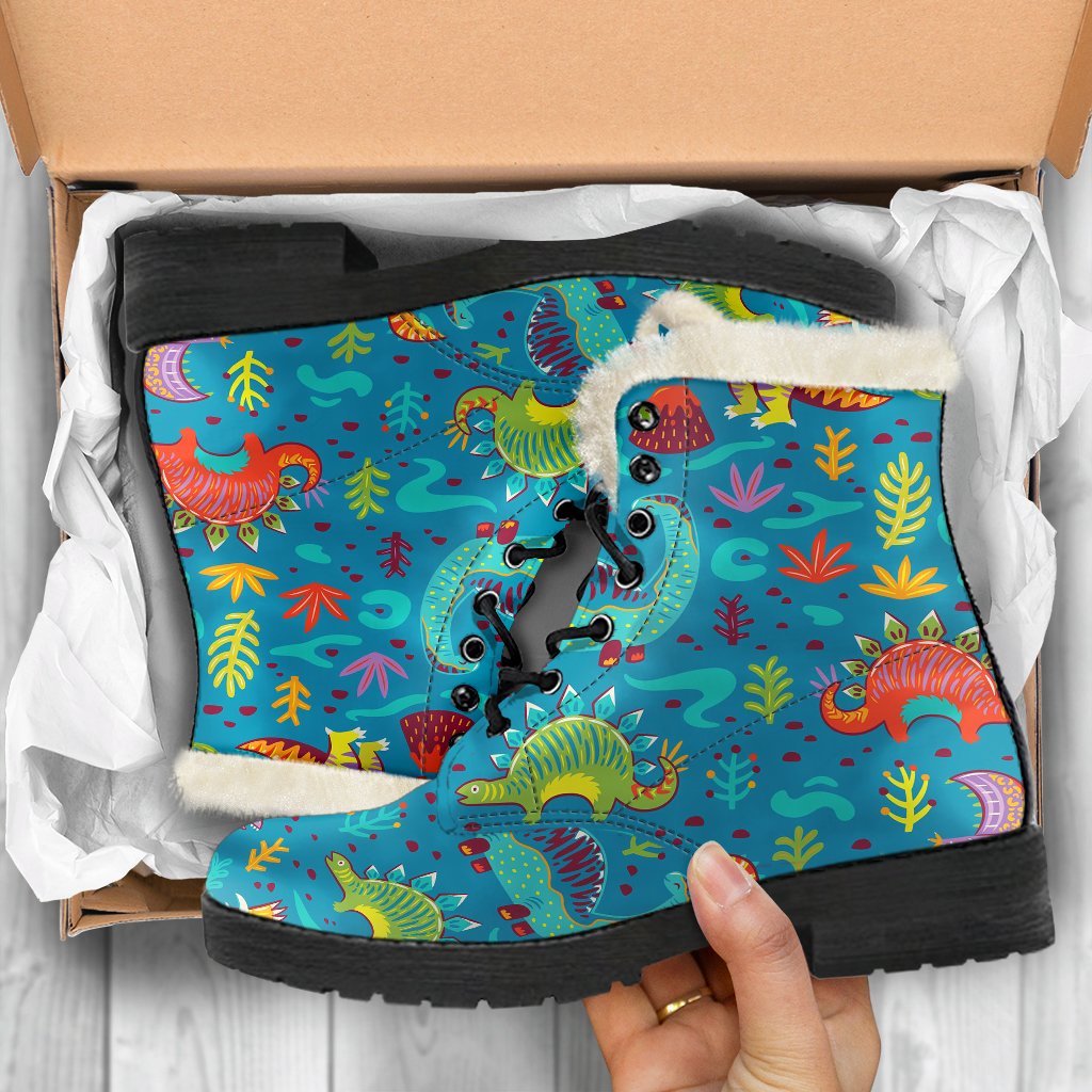 Dinosaur Cartoon Style Faux Fur Leather Boots-JTAMIGO.COM