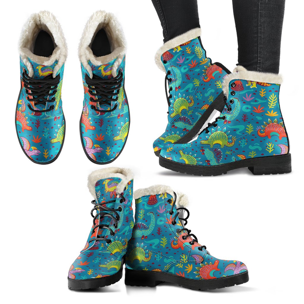 Dinosaur Cartoon Style Faux Fur Leather Boots-JTAMIGO.COM
