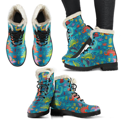 Dinosaur Cartoon Style Faux Fur Leather Boots-JTAMIGO.COM