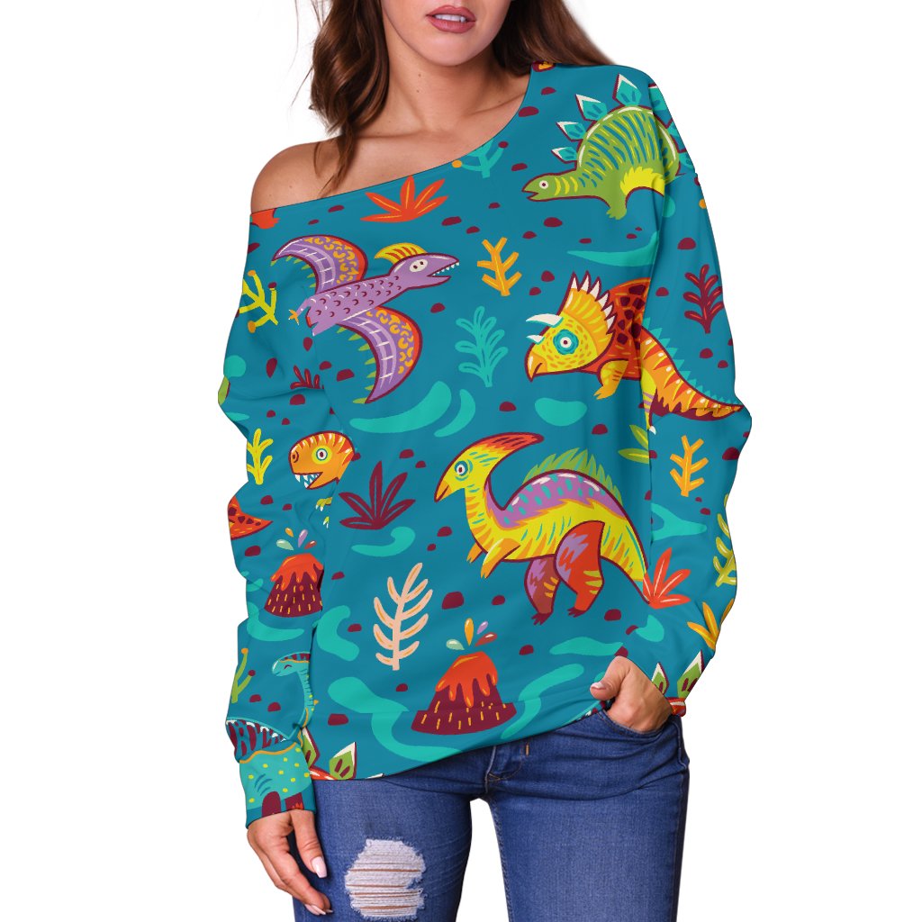 Dinosaur Cartoon Style Off Shoulder Sweatshirt