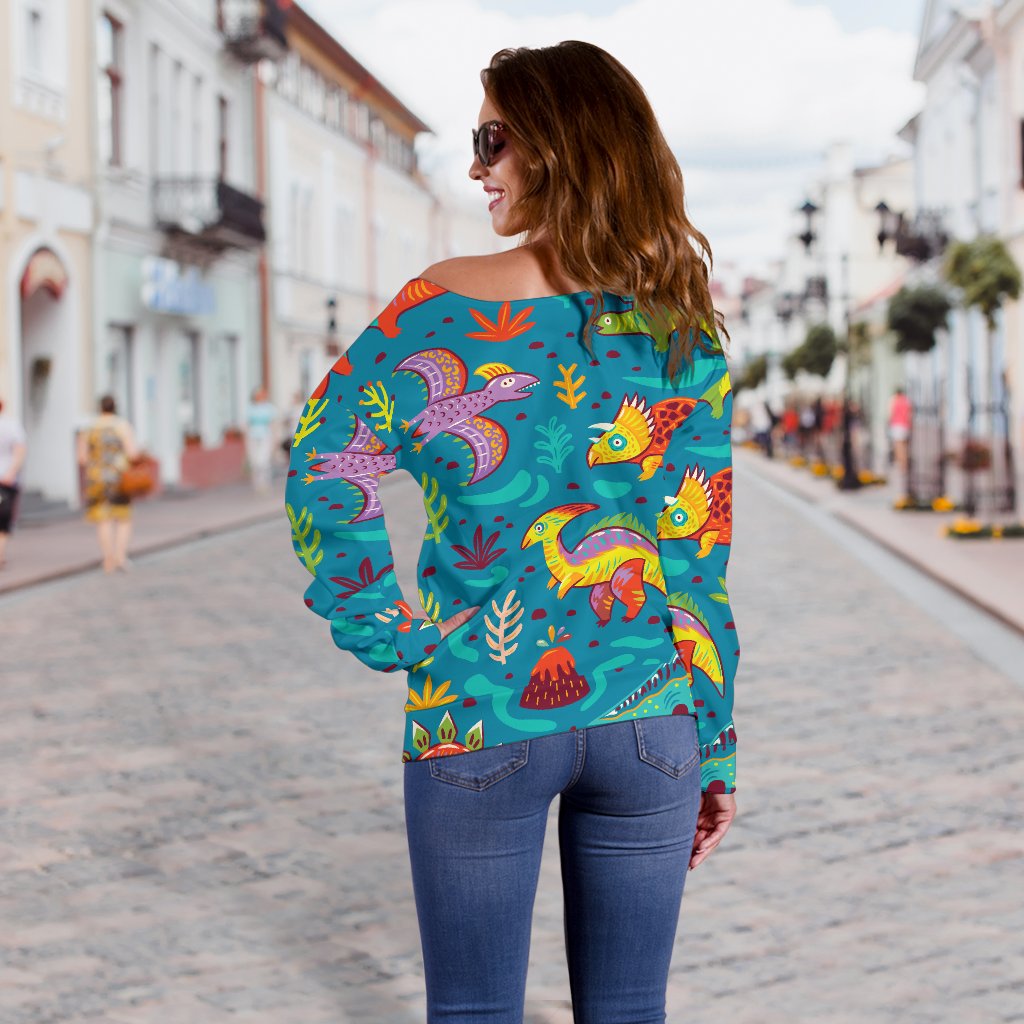 Dinosaur Cartoon Style Off Shoulder Sweatshirt