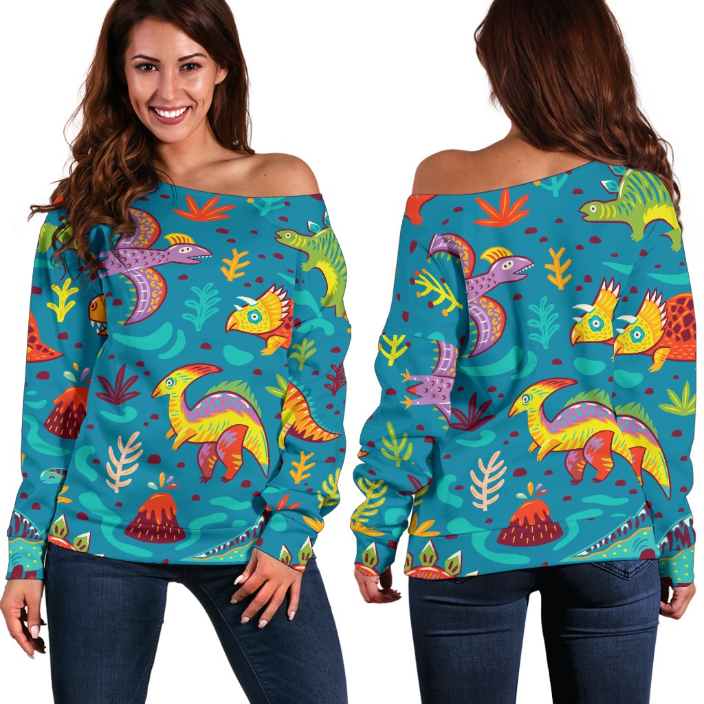 Dinosaur Cartoon Style Off Shoulder Sweatshirt