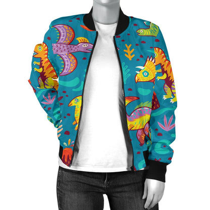 Dinosaur Cartoon Style Women Casual Bomber Jacket