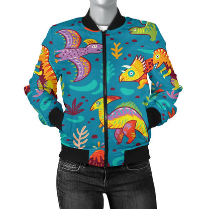 Dinosaur Cartoon Style Women Casual Bomber Jacket