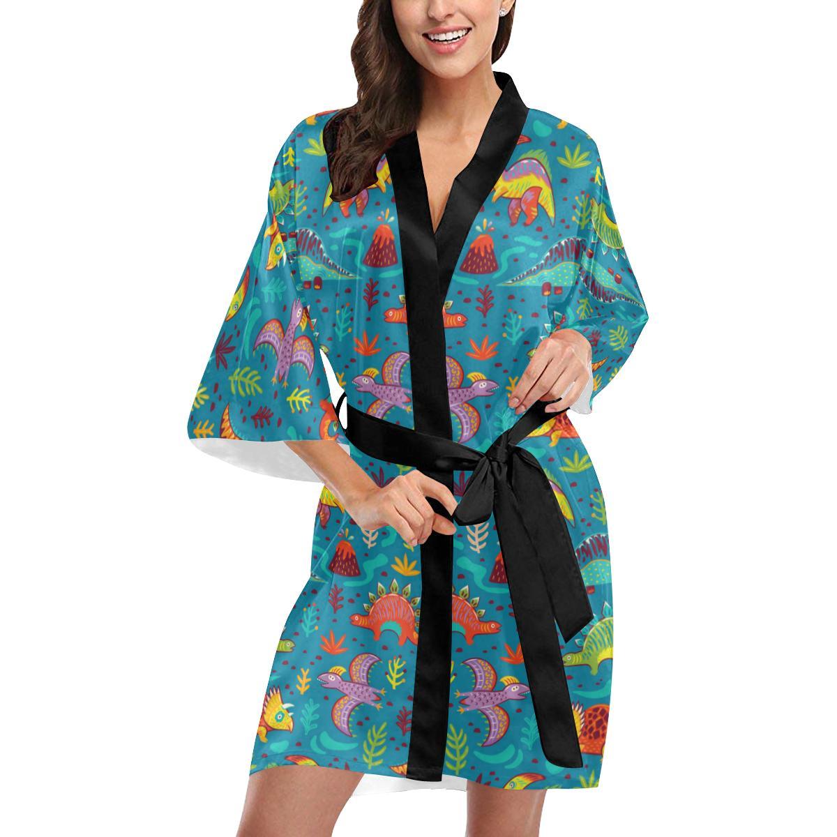 Dinosaur Cartoon Style Women Short Kimono Robe