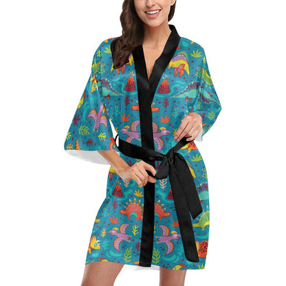 Dinosaur Cartoon Style Women Short Kimono Robe