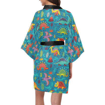 Dinosaur Cartoon Style Women Short Kimono Robe