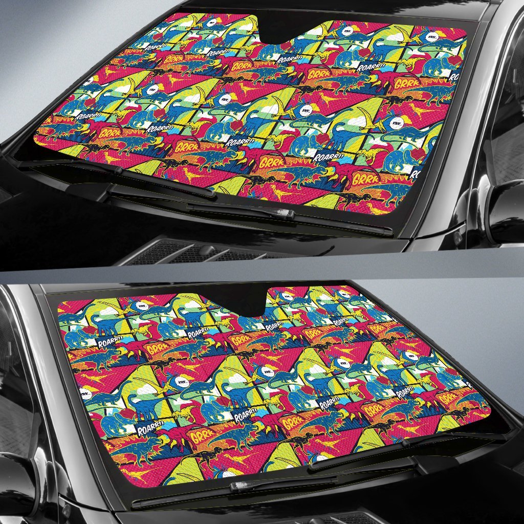 Dinosaur Comic Pop Art Style Car Sun Shade For Windshield