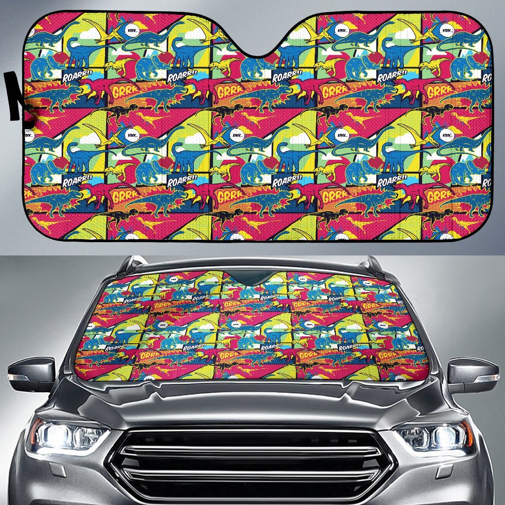 Dinosaur Comic Pop Art Style Car Sun Shade For Windshield