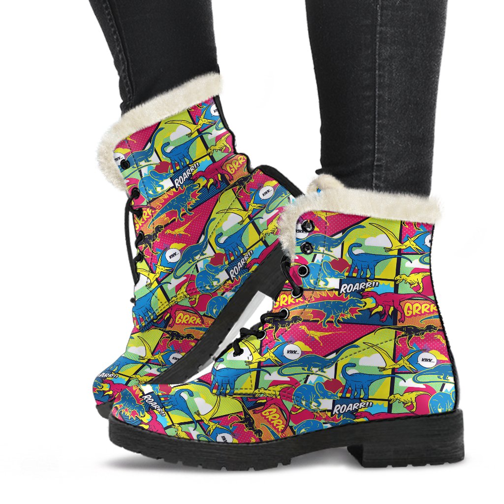 Dinosaur Comic Pop Art Style Faux Fur Leather Boots-JTAMIGO.COM
