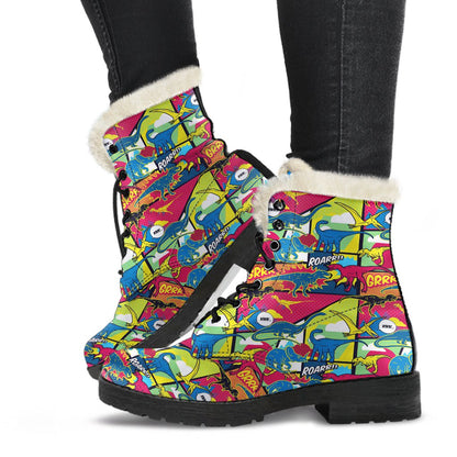 Dinosaur Comic Pop Art Style Faux Fur Leather Boots-JTAMIGO.COM