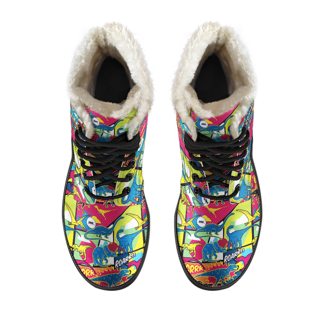 Dinosaur Comic Pop Art Style Faux Fur Leather Boots-JTAMIGO.COM