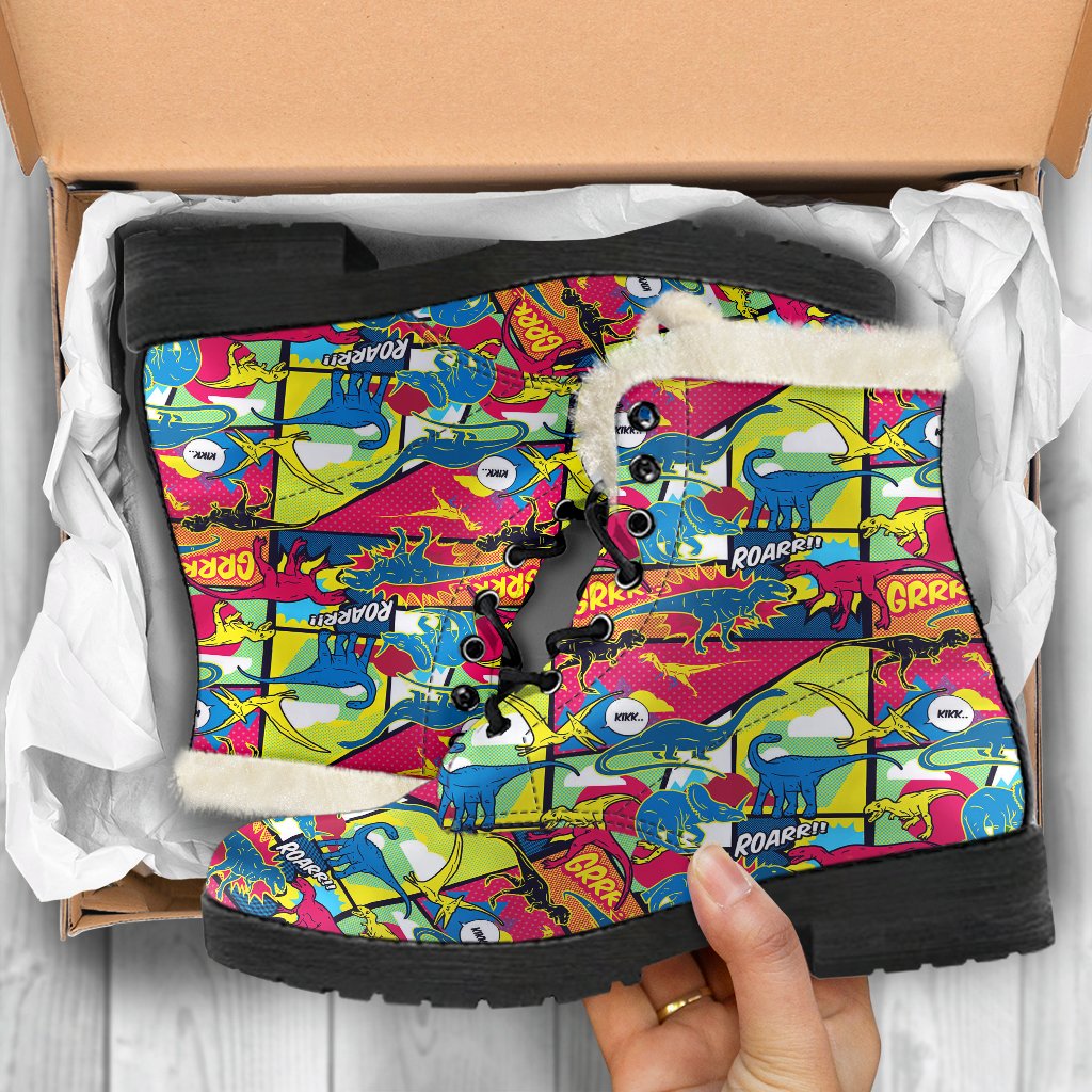 Dinosaur Comic Pop Art Style Faux Fur Leather Boots-JTAMIGO.COM