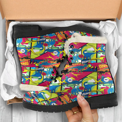 Dinosaur Comic Pop Art Style Faux Fur Leather Boots-JTAMIGO.COM