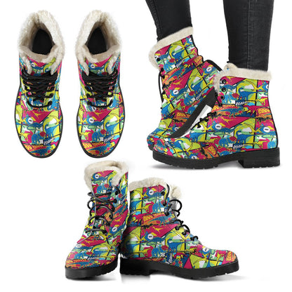 Dinosaur Comic Pop Art Style Faux Fur Leather Boots-JTAMIGO.COM