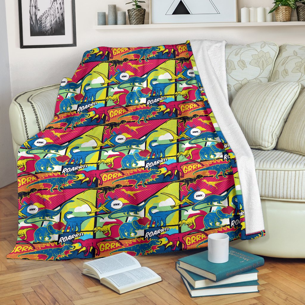 Dinosaur Comic Pop Art Style Fleece Blanket
