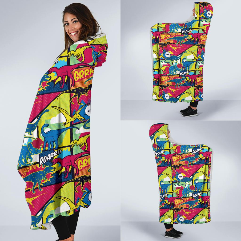 Dinosaur Comic Pop Art Style Hooded Blanket-JTAMIGO.COM