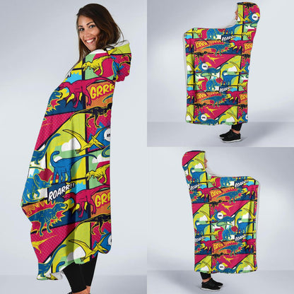 Dinosaur Comic Pop Art Style Hooded Blanket-JTAMIGO.COM