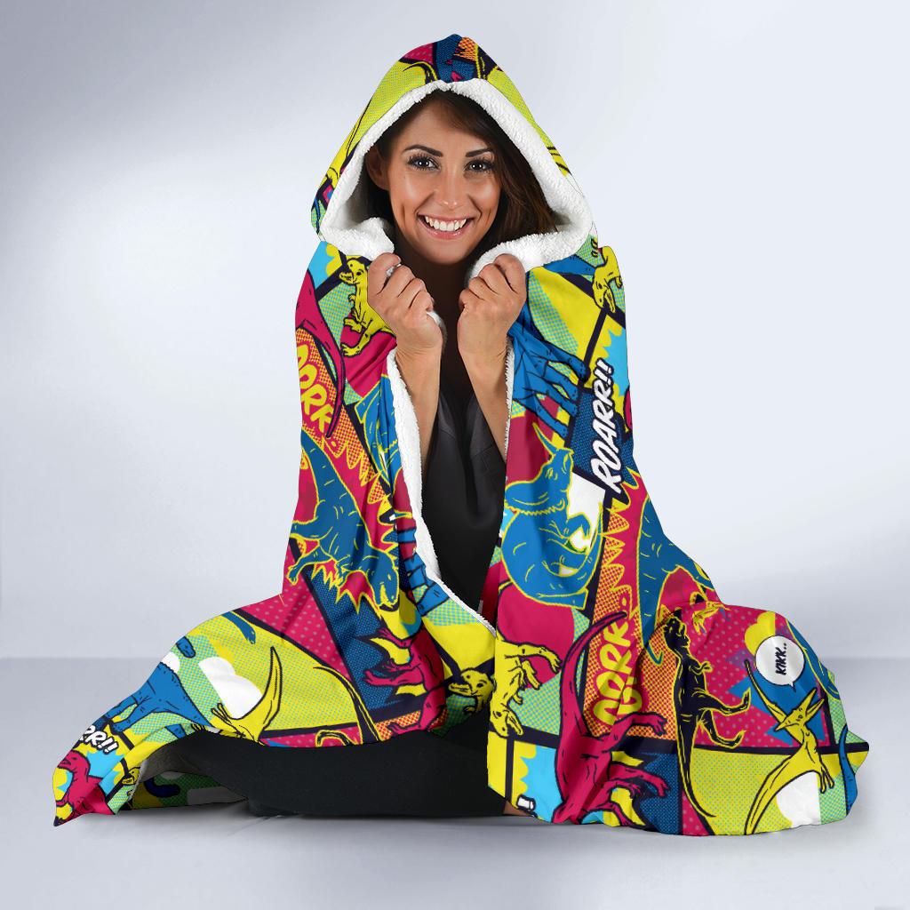 Dinosaur Comic Pop Art Style Hooded Blanket-JTAMIGO.COM
