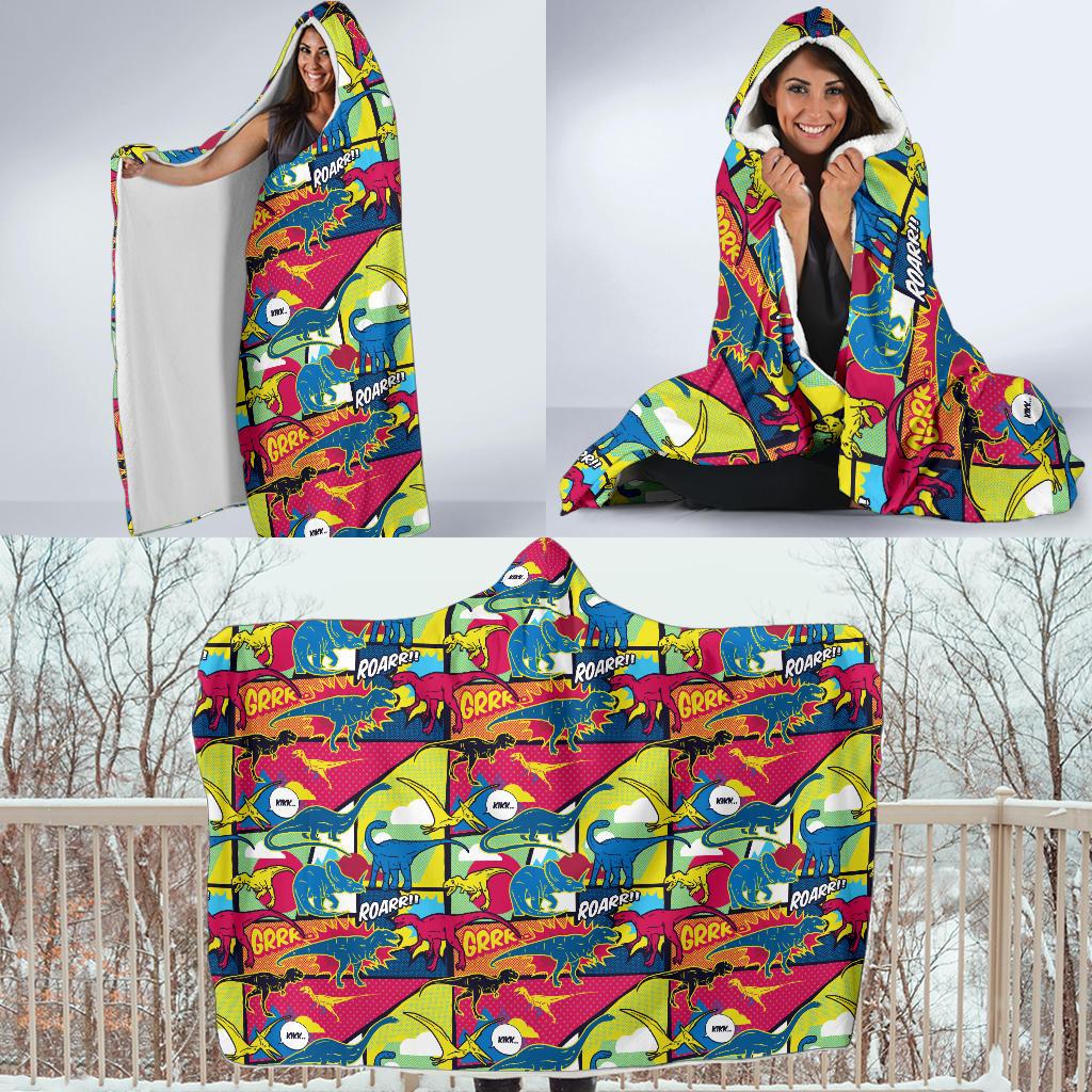 Dinosaur Comic Pop Art Style Hooded Blanket-JTAMIGO.COM