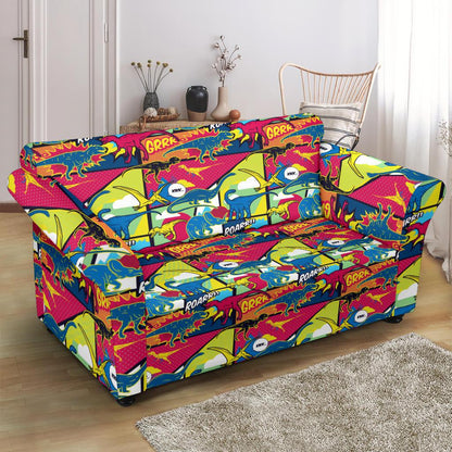 Dinosaur Comic Pop Art Style Loveseat Slipcover-JTAMIGO.COM