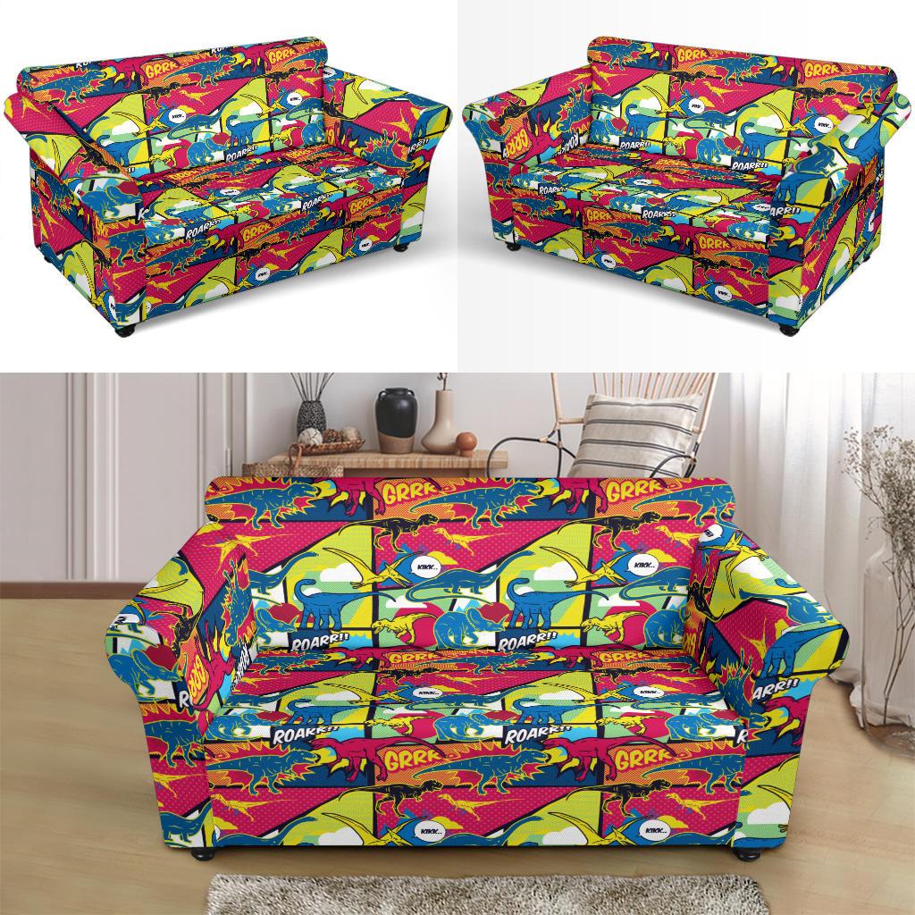 Dinosaur Comic Pop Art Style Loveseat Slipcover-JTAMIGO.COM