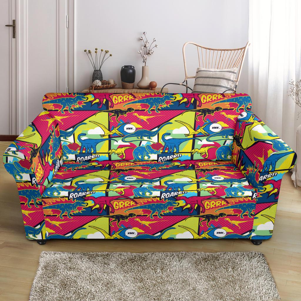 Dinosaur Comic Pop Art Style Loveseat Slipcover-JTAMIGO.COM