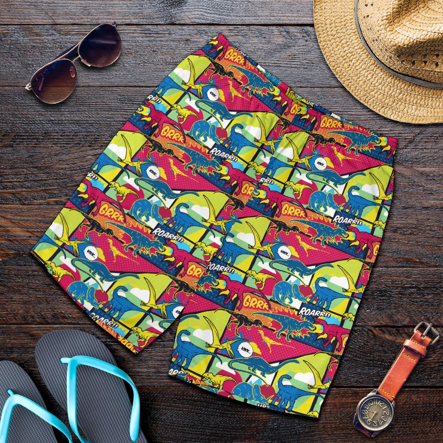 Dinosaur Comic Pop Art Style Mens Shorts-JTAMIGO.COM