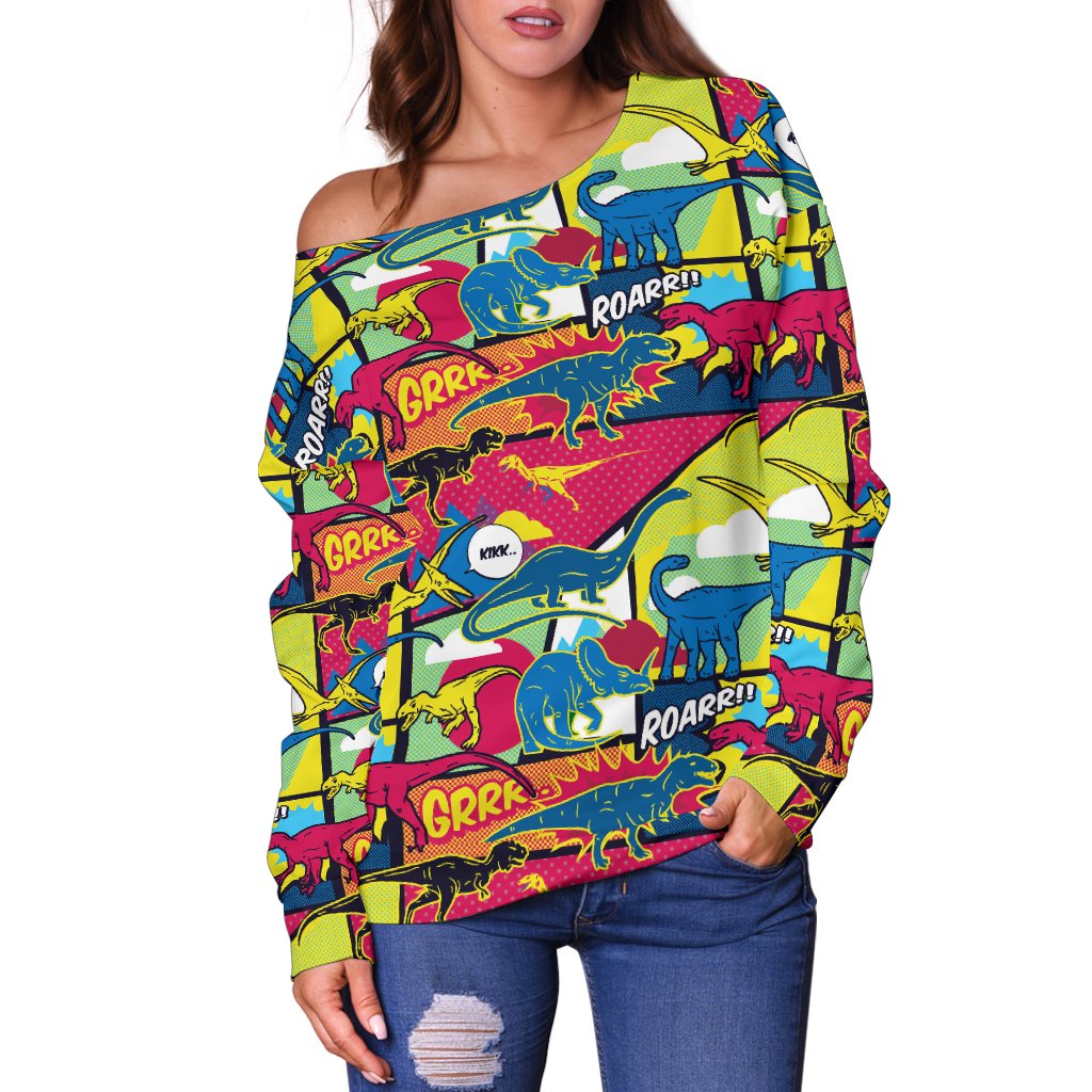 Dinosaur Comic Pop Art Style Off Shoulder Sweatshirt