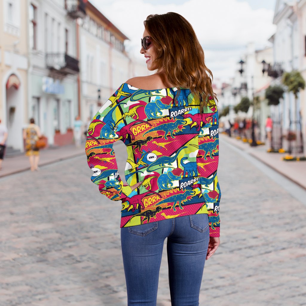 Dinosaur Comic Pop Art Style Off Shoulder Sweatshirt