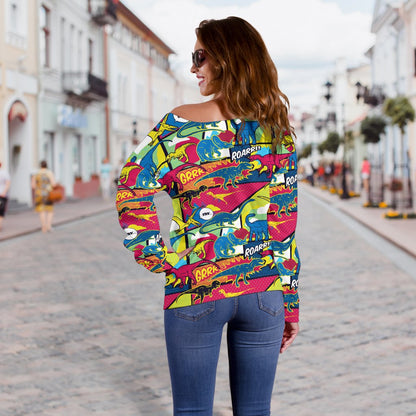 Dinosaur Comic Pop Art Style Off Shoulder Sweatshirt