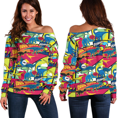 Dinosaur Comic Pop Art Style Off Shoulder Sweatshirt
