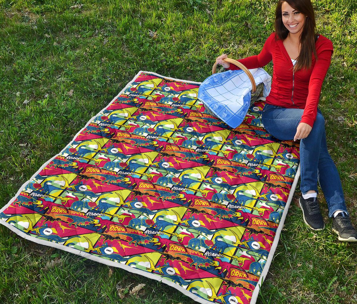 Dinosaur Comic Pop Art Style Premium Quilt-JTAMIGO.COM