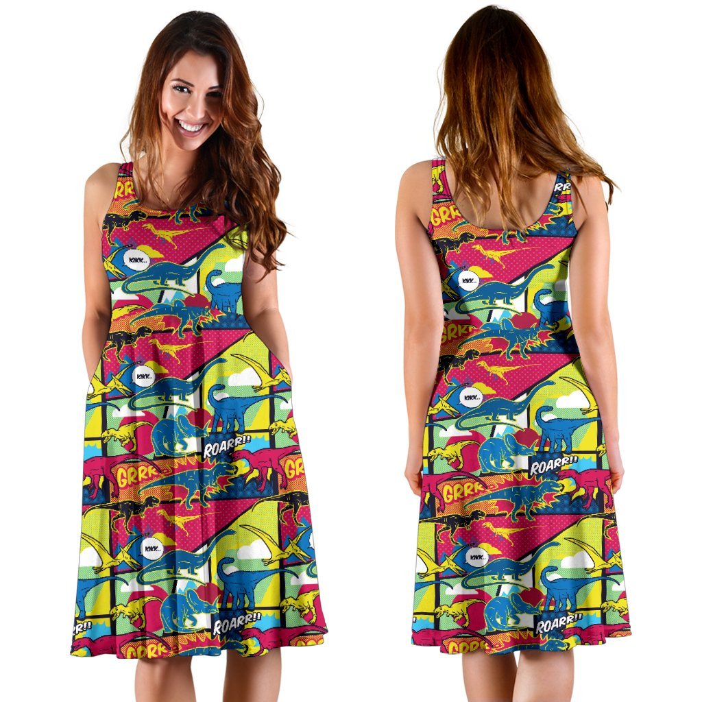 Dinosaur Comic Pop Art Style Sleeveless Dress